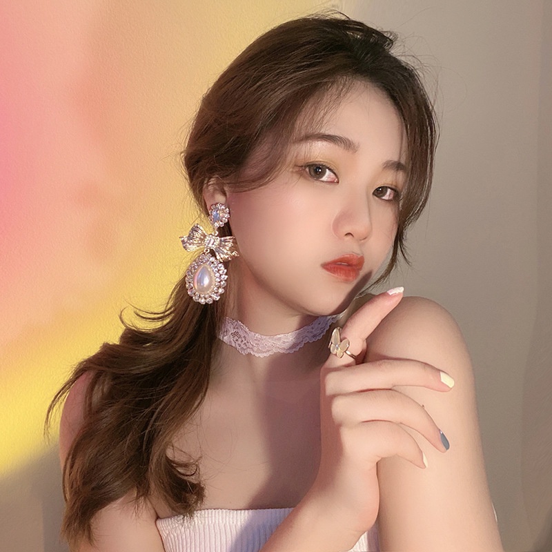 Bông Tai Bạc 925 Hình Nơ Đính Đá Ngọc Trai Phong Cách Thời Trang Hàn Quốc