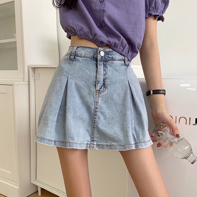 CHÂN VÁY JEANS XẾP LY KÈM QUÂN