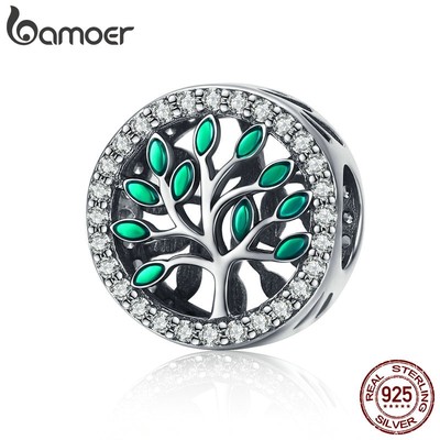 Hạt phụ kiện Bamoer SCC1095 bạc 925 kiểu cây sinh mệnh đính hạt đá CZ làm trang sức thủ công