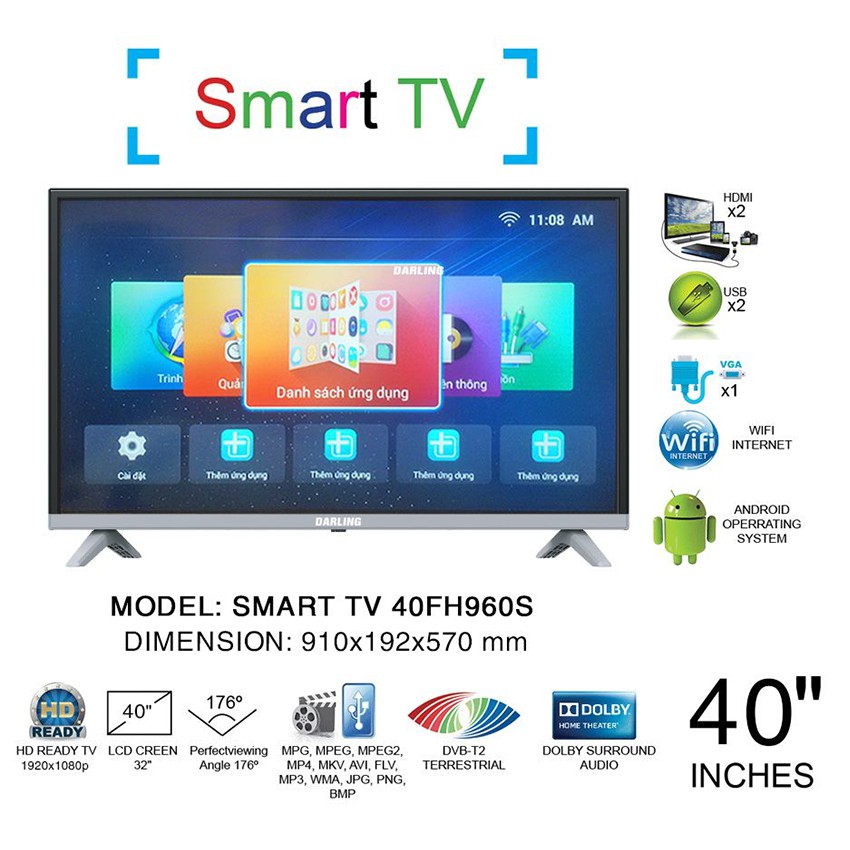 Smart Tivi Led Darling 40 inch Full HD 40FH960S DVB-T2, Wifi, Tivi Giá Rẻ - Hàng Chính Hãng