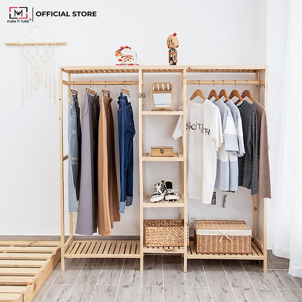 Tủ treo quần áo Triple Closet lắp ráp gỗ thông nhập khẩu thương hiệu MW FURNITURE màu gỗ