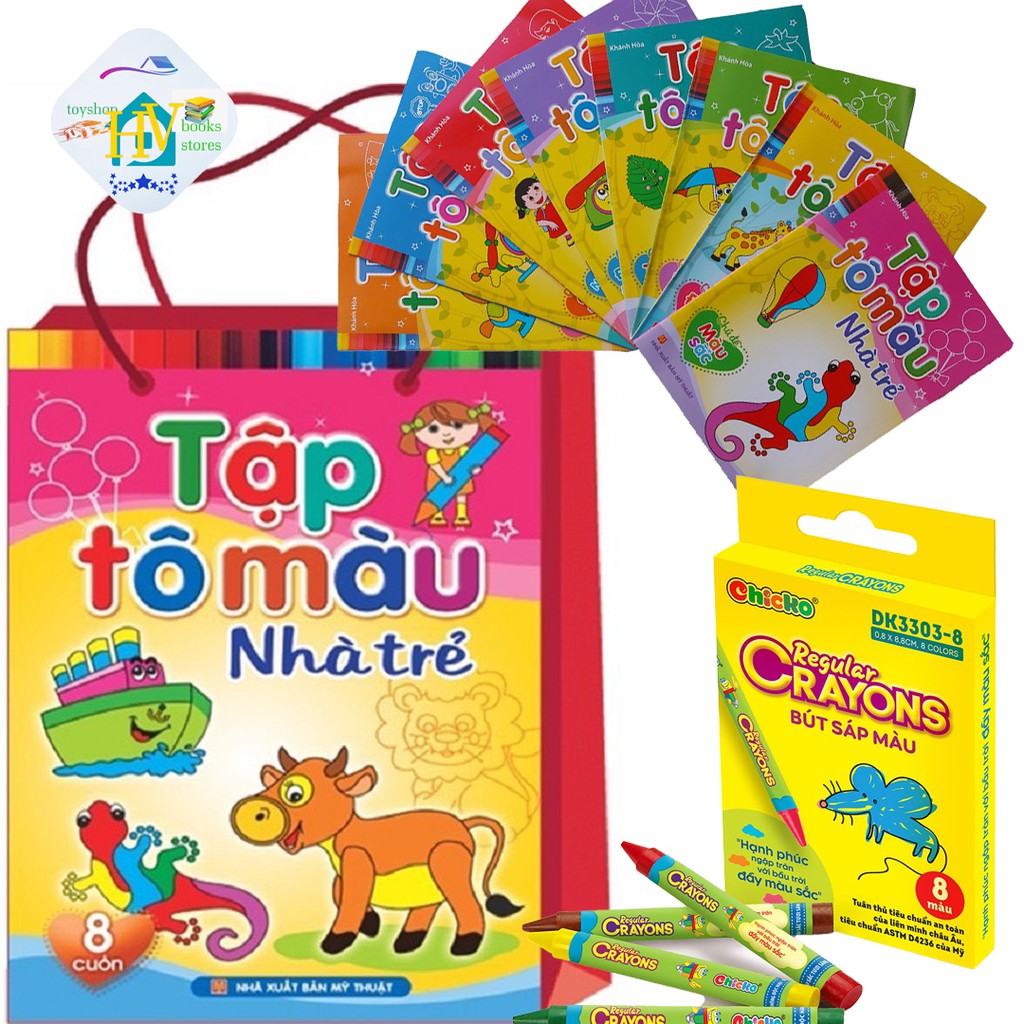 Sách : Tập Tô Màu Nhà Trẻ Túi 8 Cuốn+ Bút Sáp Màu Regular Crayons 8 Màu Duka