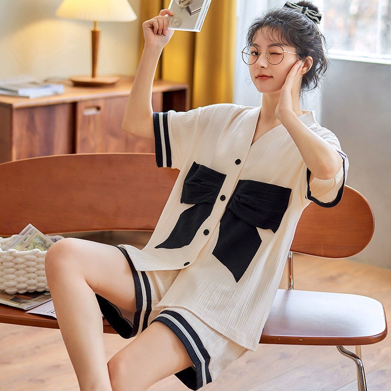 Bộ Đồ Ngủ Ngắn Tay Bằng Cotton Nguyên Chất Cao Cấp Thời Trang Mùa Hè Cho Nữ