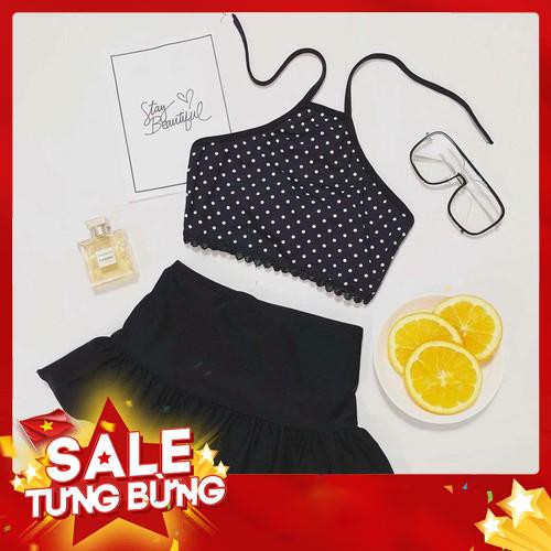 Bộ bikini đi biển 2 mảnh chấm bi sexy, quần giả váy xoè, áo ren chấm bi. -Hàng nhập khẩu