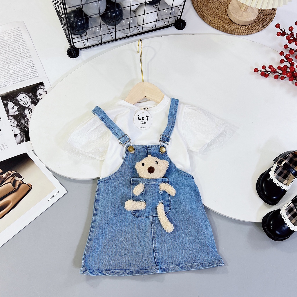 Yếm váy bò jean cho bé gái nơ xinh xắn từ 10kg đến 22kg - bộ đồ bé gái Áo cotton phối bèo kết hợp yếm jean giặt mềm.