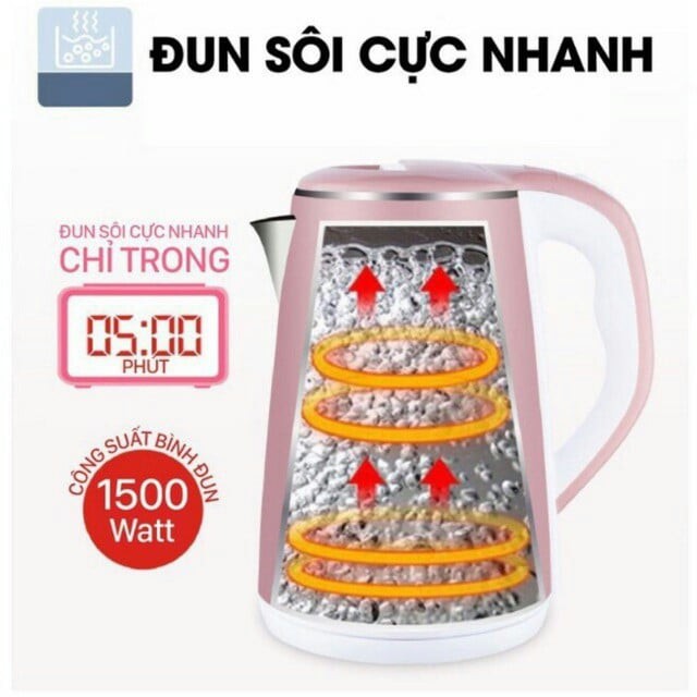 Ấm siêu tốc thái lan sôi nhanh , bình đun nước 2 lớp 2.5 lít inox 304 an toàn chống nóng