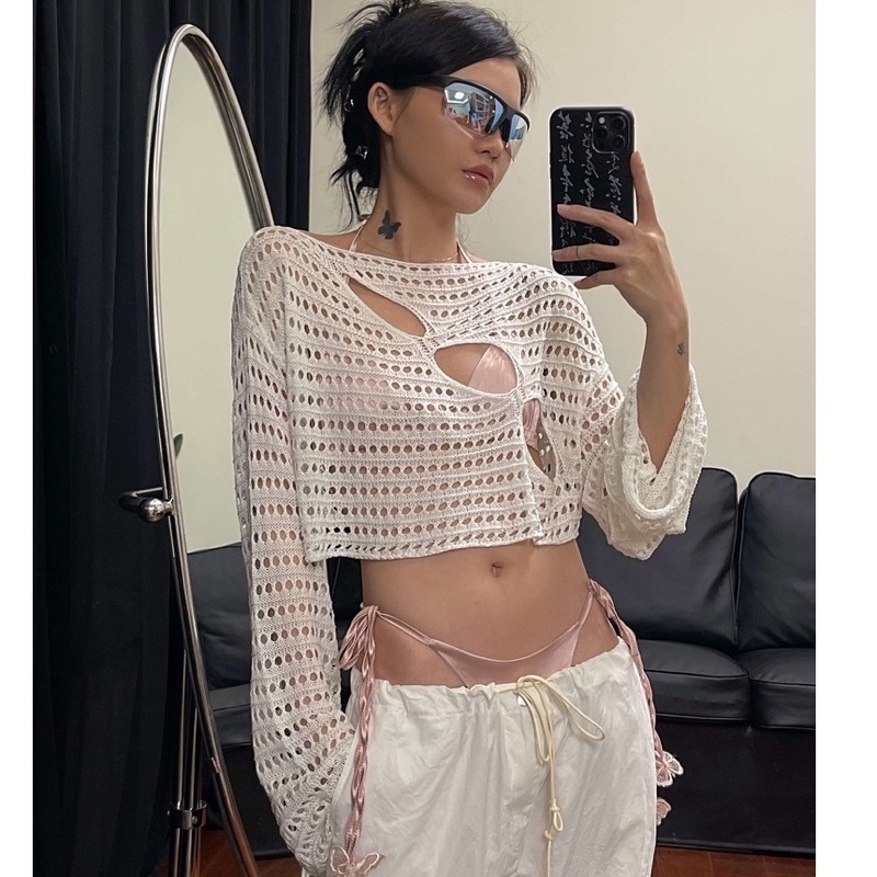 Áo croptop dệt kim tay dài thời trang