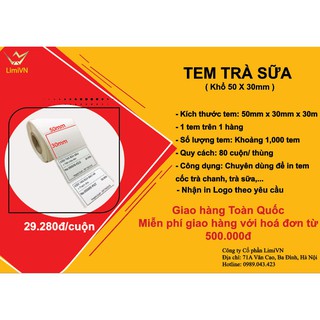 Cuộn tem trà sữa 50x30 - Tem nhiệt in tem nhãn, in mã vạch, in tem phụ, tem dán cốc trà chanh, trà sữa
