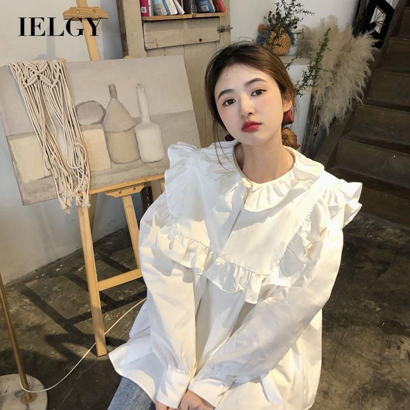 Áo sơ mi IELGY tay dài dáng rộng phối bèo kiểu Pháp retro dễ thương cho nữ
