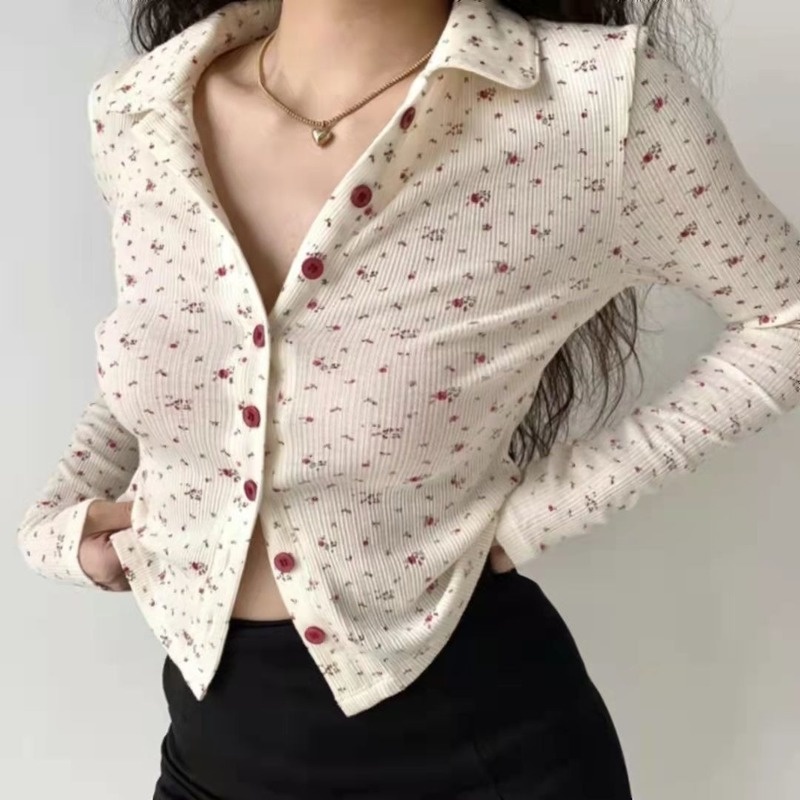 Áo Cardigan Tay Dài Cổ Bẻ Cài Nút In Họa Tiết Hoa Dễ Thương Dành Cho Nữ