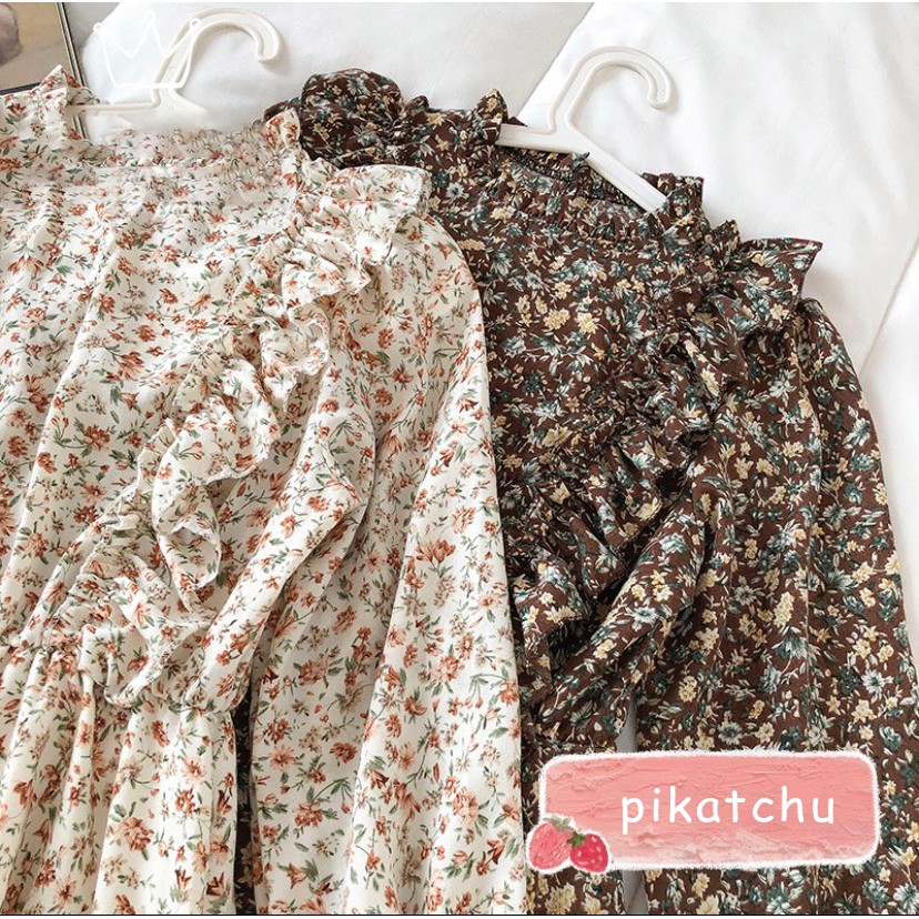 váy hoa nhí vintage, váy hoa nhí dáng xòe cánh tiên viền bèo pikatchu | BigBuy360 - bigbuy360.vn