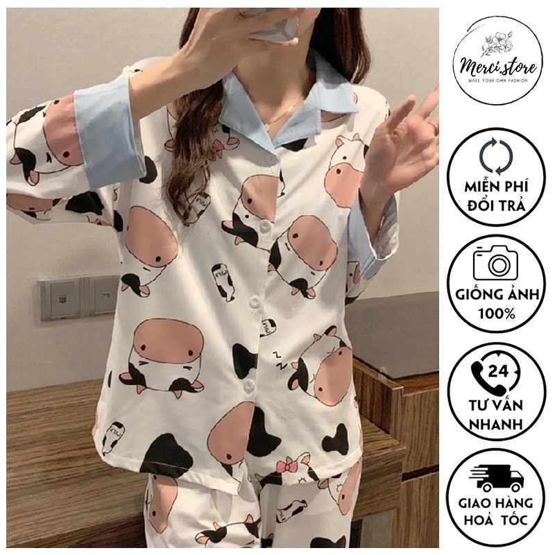 Bộ ngủ bò sữa, pijama, đồ mặc ở nhà dài tay mùa thu đông Hàng Quảng Châu chất mịn đẹp hình bò sữa | BigBuy360 - bigbuy360.vn