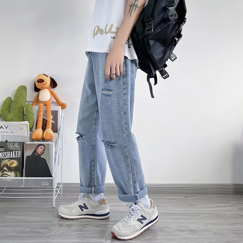 Quần jean baggy xanh nam, nữ ống rộng, rách cá tính, vải cao cấp không phai màu