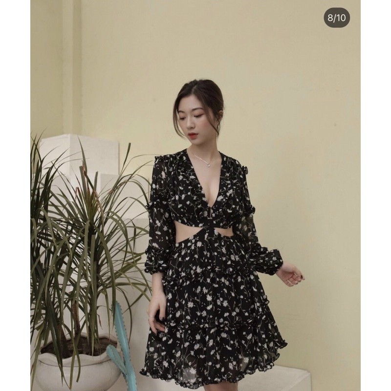 Đầm hoa cổ v phối bèo cutout eo 🌪 | BigBuy360 - bigbuy360.vn