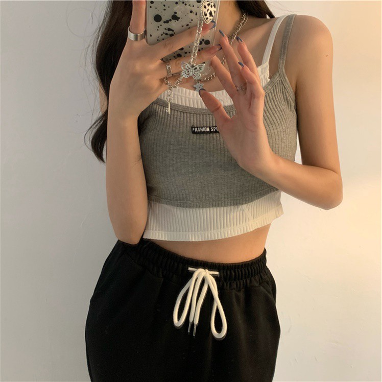 Áo hai dây phối màu tương phản độc đáo cá tính thời trang cho nữ