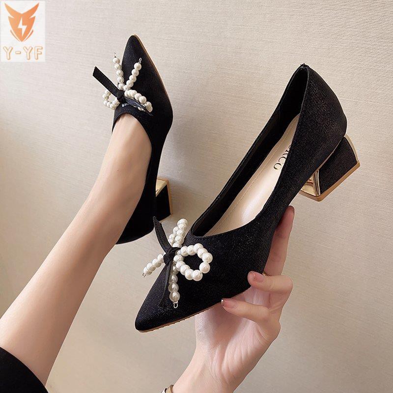 [High quality]2020 spring and autumn new high heels women's thick heels wild bow shallow mouth pointed single shoes mid-heel professional women's shoes