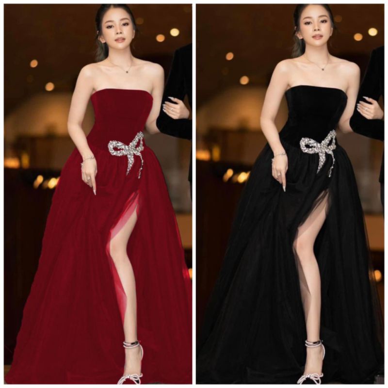 Đầm váy dạ hội cúp ngực nhung phối lưới đính nơ đá sang trọng