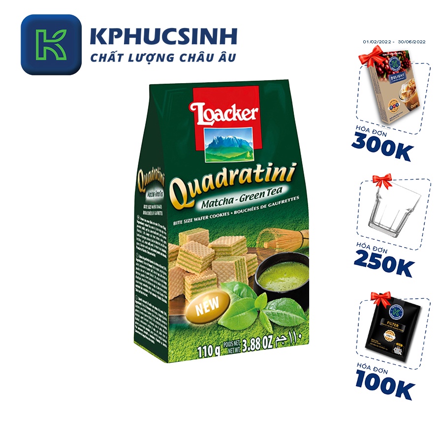 Bánh xốp Loacker Quadratini matcha green tea 110g KPHUCSINH - Hàng Chính Hãng