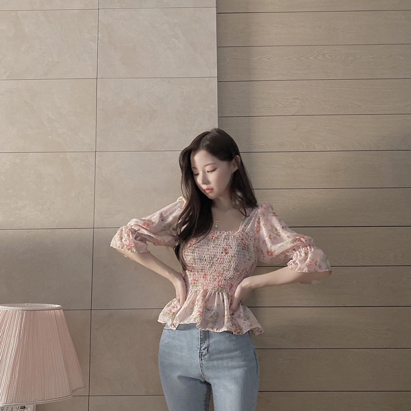 Áo chiffon IELGY cổ vuông tay lửng in họa tiết hoa ngọt ngào cho nữ