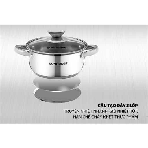 Nồi inox 3 đáy 16 cm Sunhouse SH22116 - Dùng được trên bếp gas, bến hồng ngoại, bếp từ- Bền đẹp sang trọng