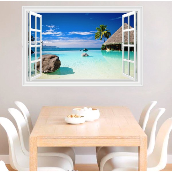 Decal trang trí khung cửa sổ 3D cảnh biển xanh và nhà nghĩ
