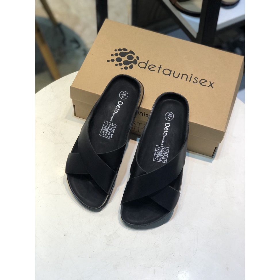 Dép Nam Nữ Quai Chéo Đế Trấu Màu Đen Trắng Êm Chân Full Đen Detaunisex Mã DETA23