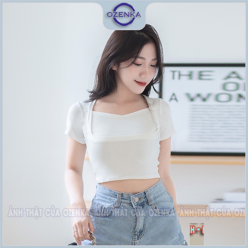 Áo croptop nữ ôm tay ngắn cổ vuông OZENKA , áo crt kiểu hàn quốc tôn ngực thun gân 100% cotton màu đen trắng đẹp