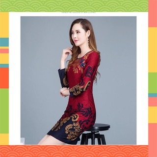 Chất Đẹp ĐẦM GẤM THUN CỔ TÀU HOẠ TIẾT SANG TRỌNG MSP-D245826