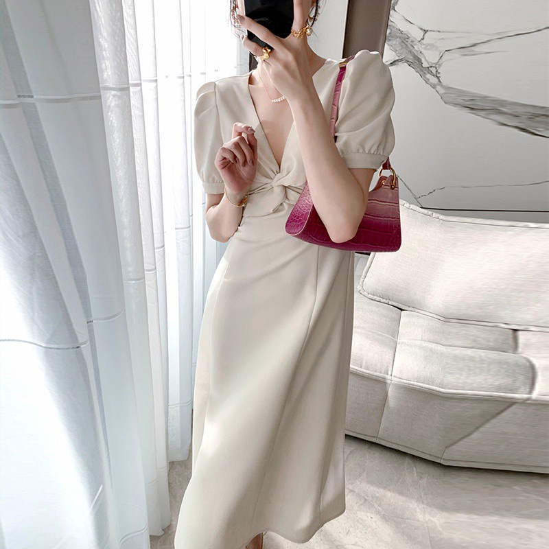 Đầm midi dáng ôm tay phồng phong cách Hàn Quốc thời trang mùa hè cho nữ