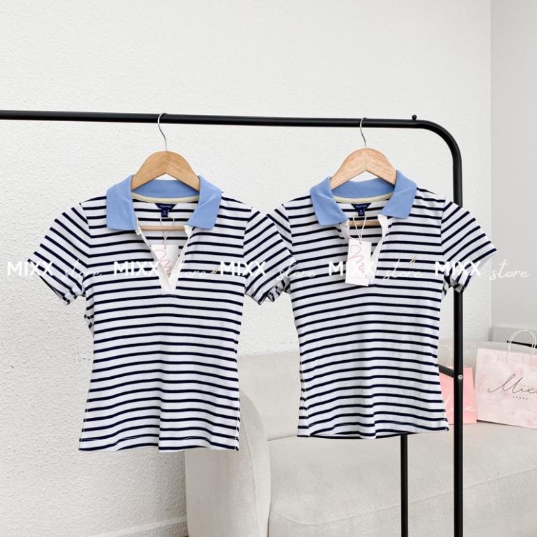 Áo thun nữ có cổ polo sọc Nautica xịn chất đẹp dày dặn phom ôm dáng vừa chuẩn xinh *