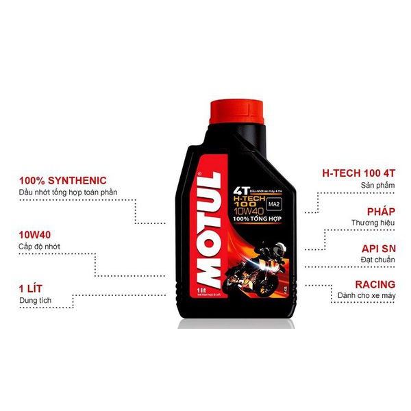 Nhớt MOTUL H-Tech 100 10W40 1 Lít cao cấp cho xe côn tay, xe số, PKL