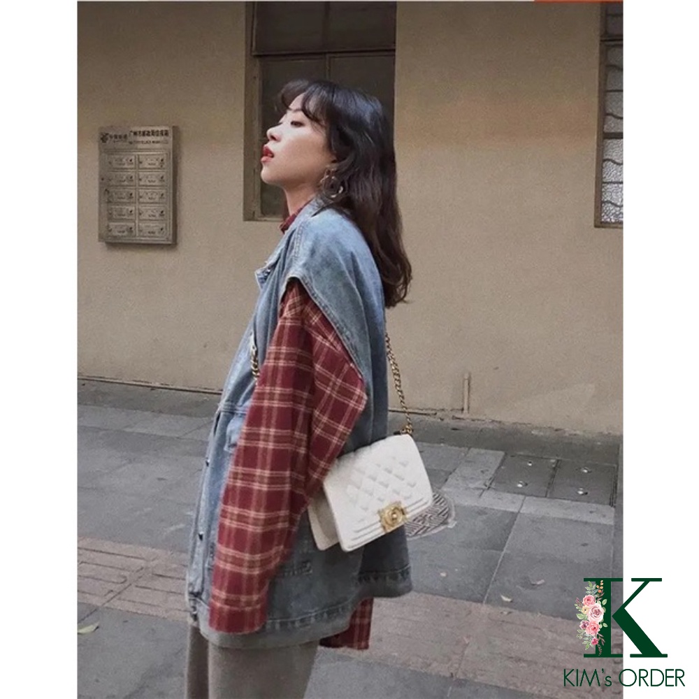 Áo khoác jean nữ màu xanh sát nách phom rộng phong cách retro sành điệu cá tính năng động Ulzzang Hàn Quốc chất đẹp