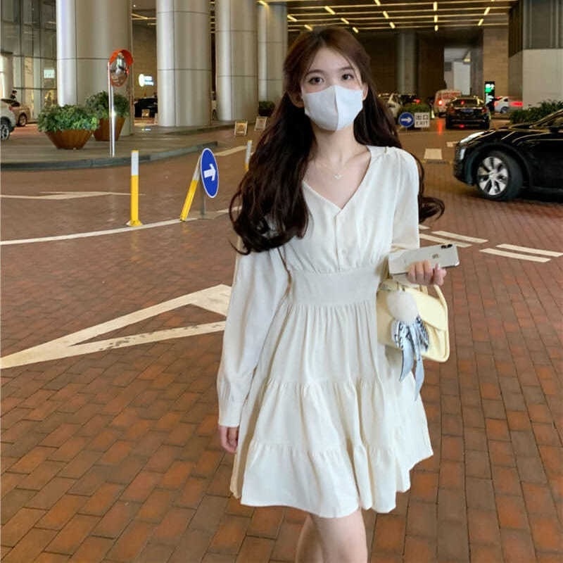 Đầm Tay Dài Cổ Chữ V Nhấn Eo Phong Cách Retro Kiểu Pháp Thời Trang Thu Đông Mới Cho Nữ