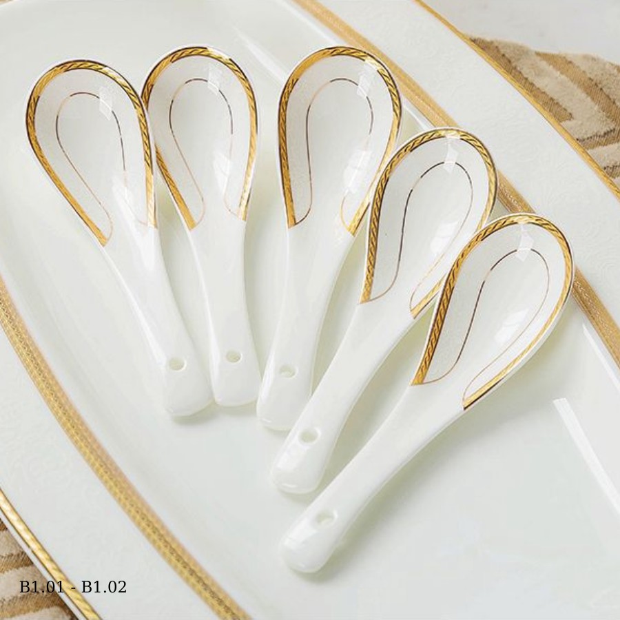 Bộ bát đĩa sứ xương cao cấp 60 món màu trắng viền vàng – phụ kiện bàn ăn sang trọng