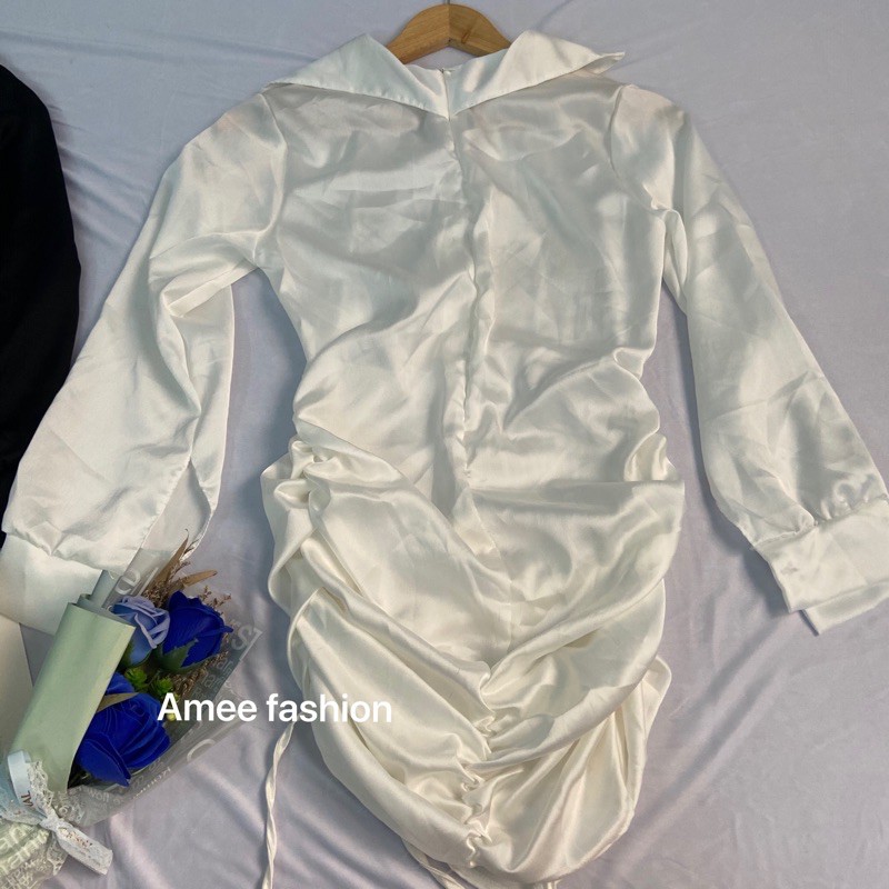 Váy đầm nữ body cổ sơ mi nhún hai bên hông chất lụa satin cao cấp, mềm mịn kiểu dáng trẻ trung thích hợp mặc đi tiệc | BigBuy360 - bigbuy360.vn