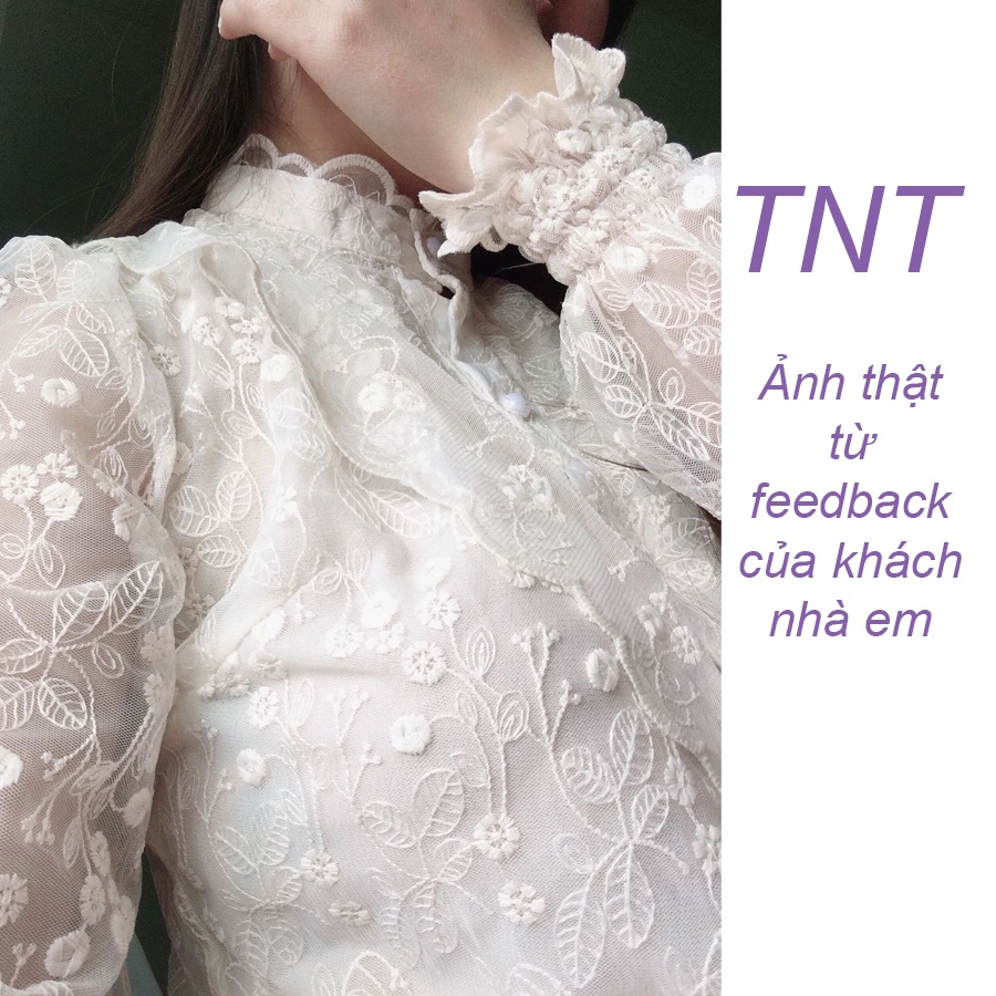 Áo sơ mi nữ ren bèo ngực dài tay đẹp hai lớp dáng suông cổ tròn trắng be đi làm đi chơi TNT