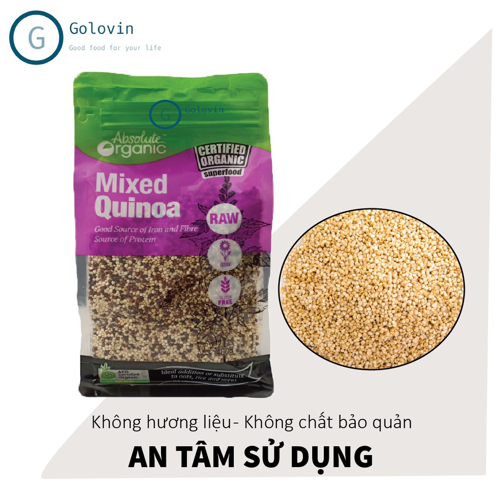 Hạt diêm mạch Quinoa mix 3 loại Absolute Organic túi 400gr cung chất chất xơ, protein giảm cân, bé ăn dặm Golovin Shop