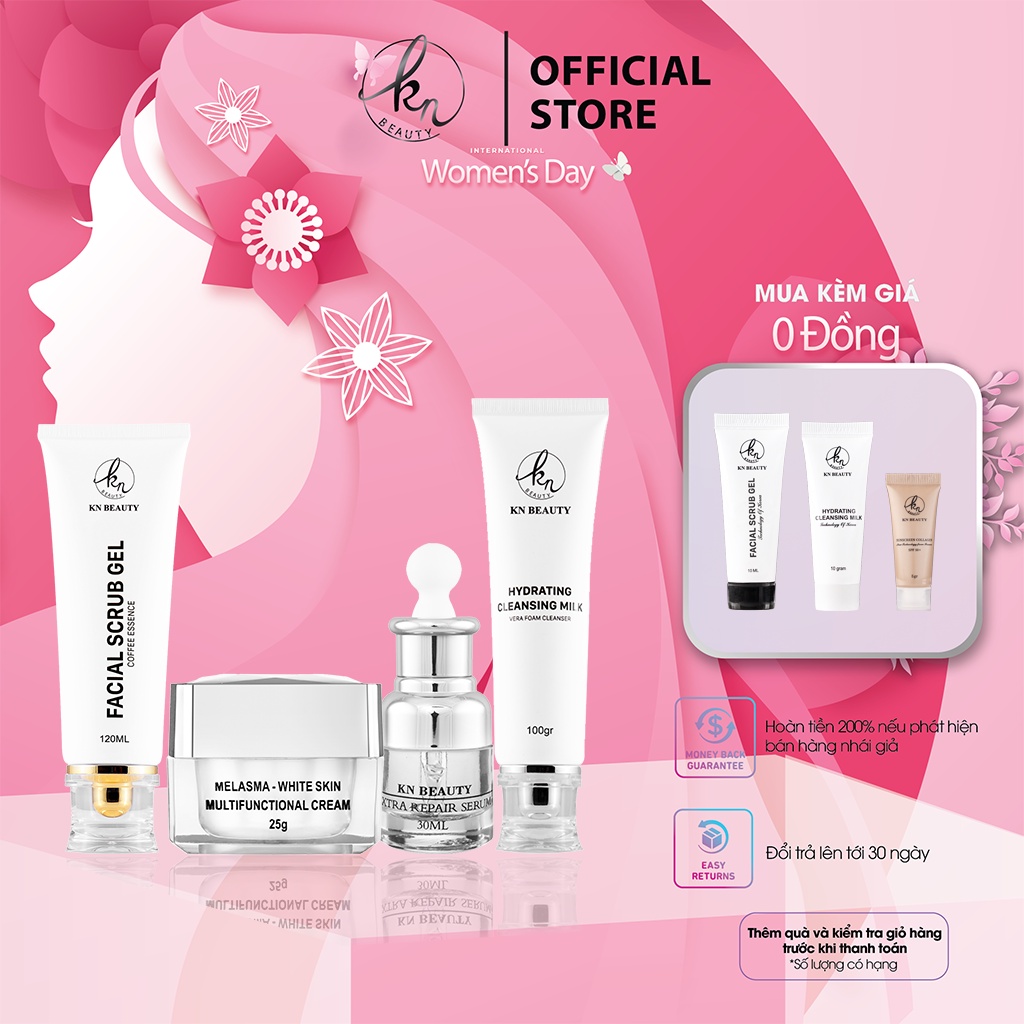 Trọn bộ 4 sản phẩm Ngừa Nám Trắng Da KN Beauty Kem dưỡng + Serum + Sữa rửa mặt + Tẩy tế bào chết tặng set mini