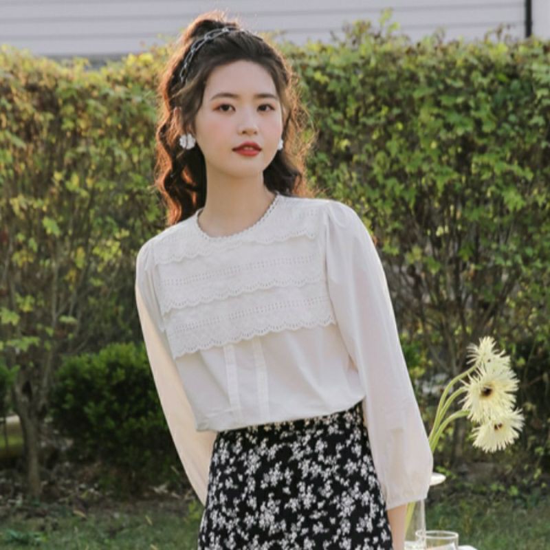 [CÓ SẴN] Áo sơ mi dài tay cổ tròn phối ren | BigBuy360 - bigbuy360.vn