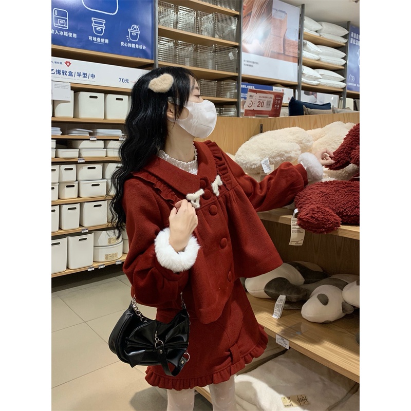 Set áo form ngắn sơ mi đỏ tay dài có cài nút nơ croptop giáng sinh noel tết dày thu đông cổ V+váy ngắn lưng cao ulzzang