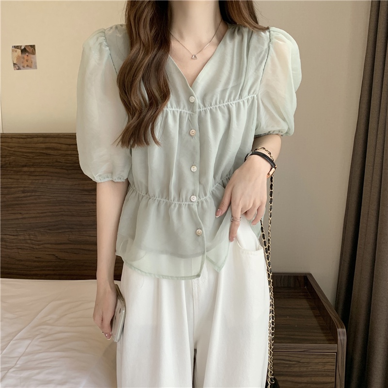 Áo Sơ Mi Ngắn Tay Cổ v Ôm Eo Thời Trang Mùa Hè Phong Cách Phương Tây Mới Cho Nữ