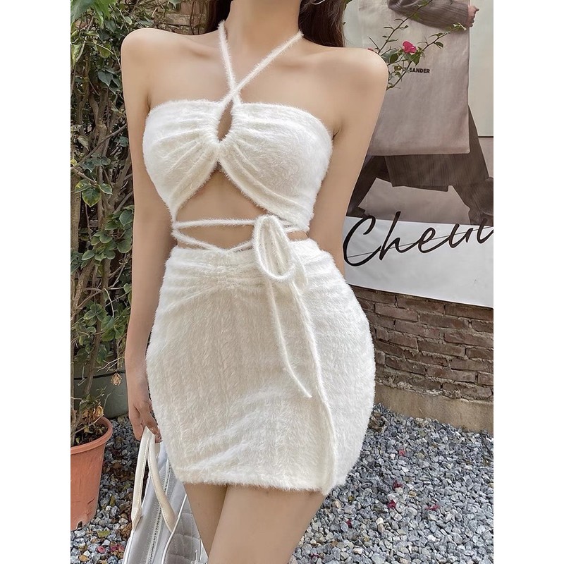 Set áo croptop+chân váy lông Ulzzang