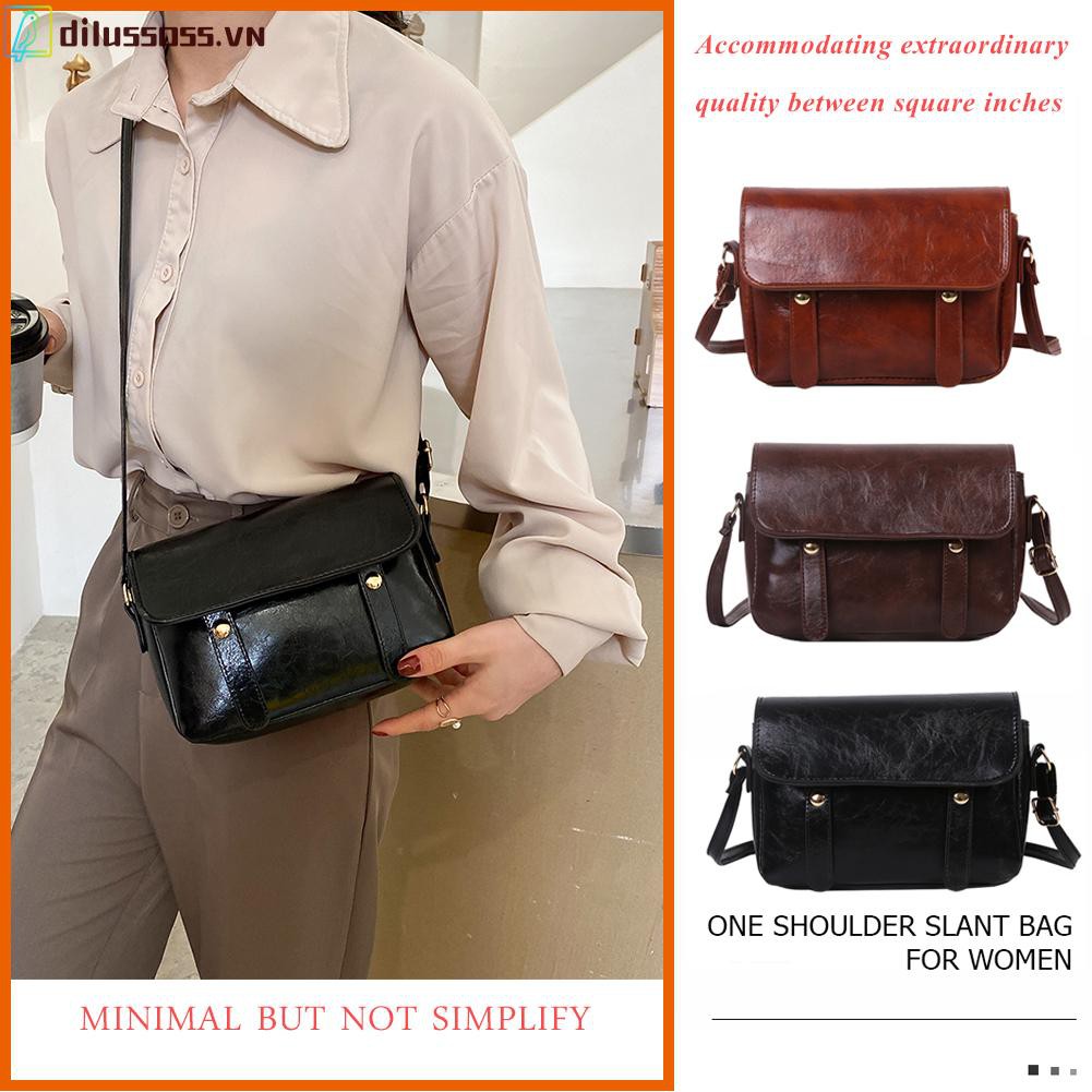 [DILUSSOSS] Túi đeo vai  Retro Leather Flap Bags Pure Color Women Messenger Shoulder Totes Handbags