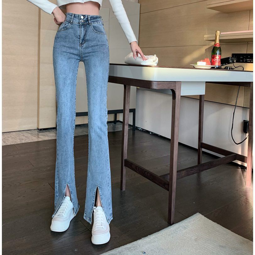 ChicHong Kong Style Design High Waist Slimming and Straight Slim Fit Slit Stretch Slightly Flared Jeans Mop Trousers