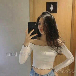 Áo croptop rớt vai tay dài cuốn biên