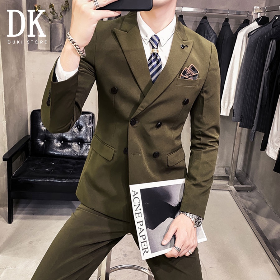[SALE 50%] Bộ vest nam 6 nút Hàn Quốc màu xanh rêu cực chất - DUKI STORE
