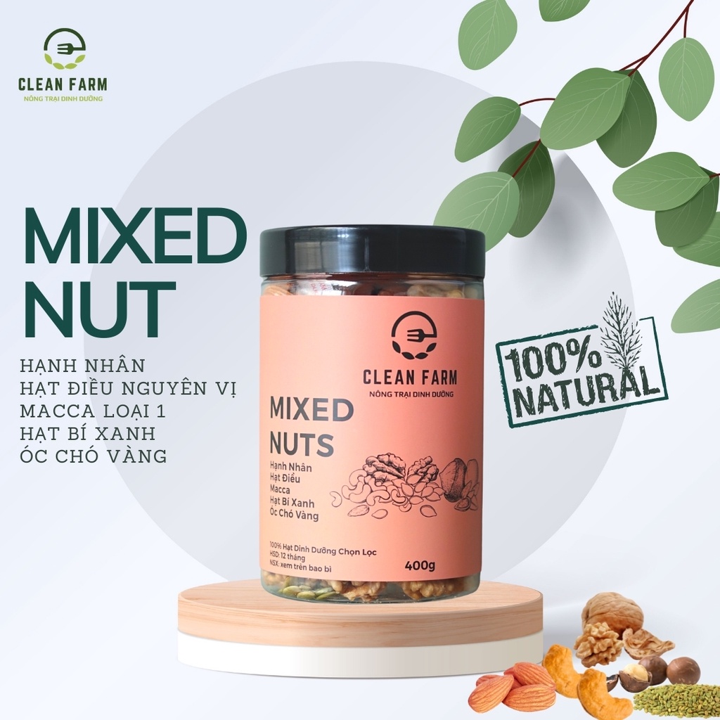 MIXED NUT 5 Loại Hạt Cao Cấp CLEAN FARM - Hạnh nhân, Hạt điều nguyên hạt, macca, bí xanh, óc chó vàng