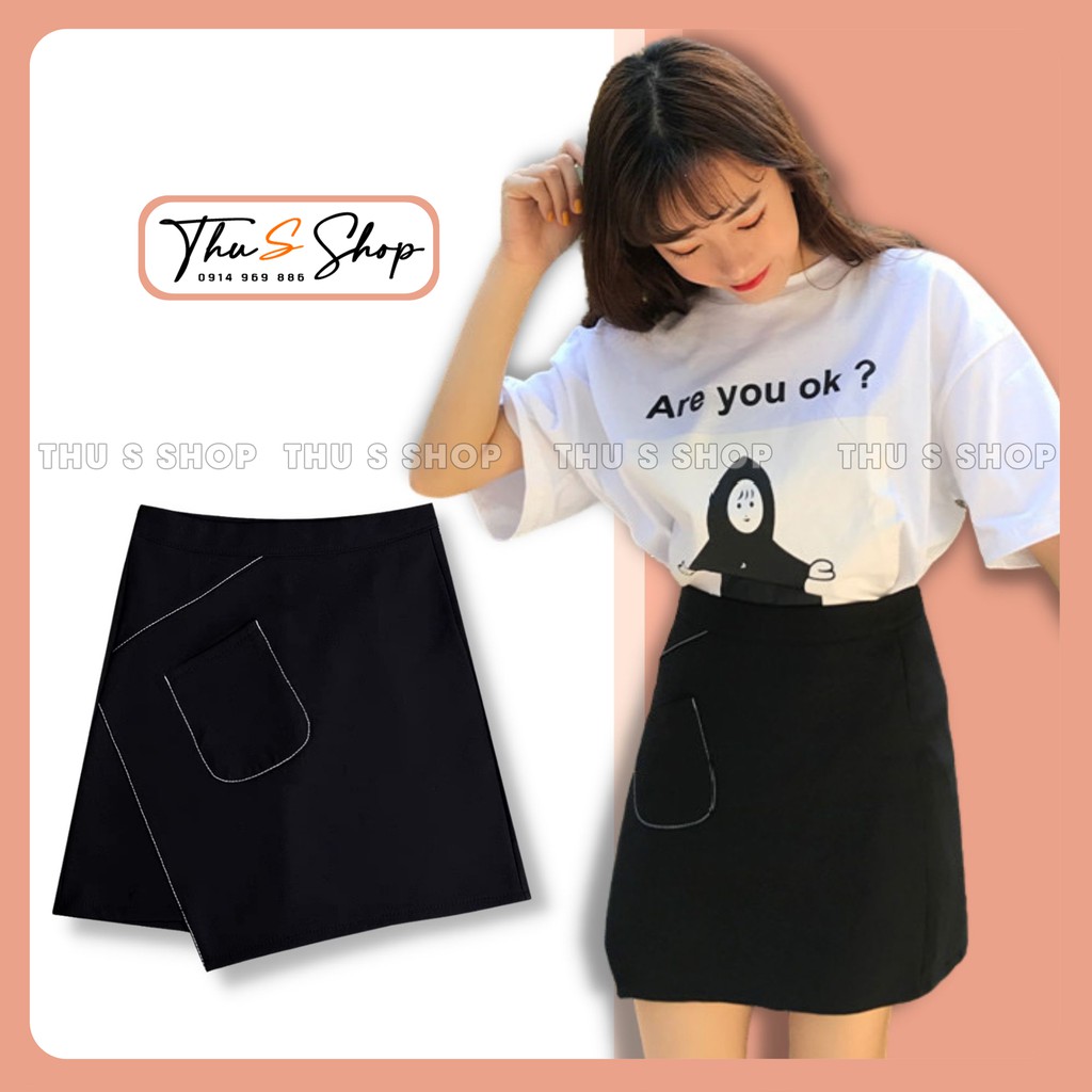 [Mã FAMANU82 giảm 10% đơn 0đ] Chân váy A dáng ngắn túi lệch viền chỉ nổi THUS, Váy kiểu cạp lưng cao cá tính
