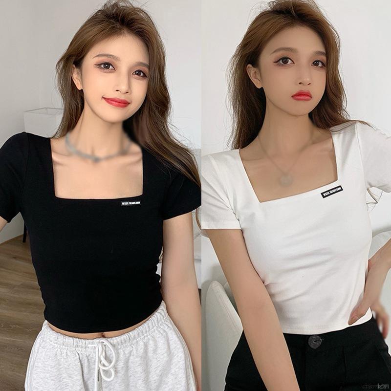 Áo thun croptop cổ vuông tay ngắn dáng ôm phong cách Hàn Quốc chất lượng cao