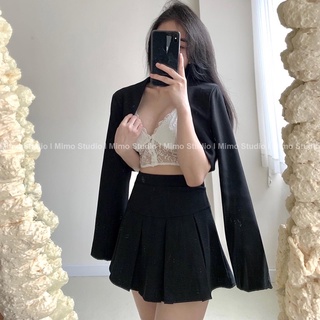 Jacket đen - váy xếp li đen - bra ren phối nút
